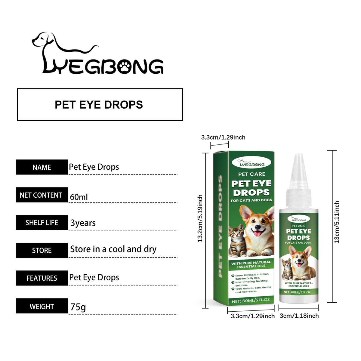 Dog Cat Eye Drops, Gentle Eye Care With Sodium Hyaluronate & Vitamin E, Soothe Irritation, 60ml Pet Eye Cleaner