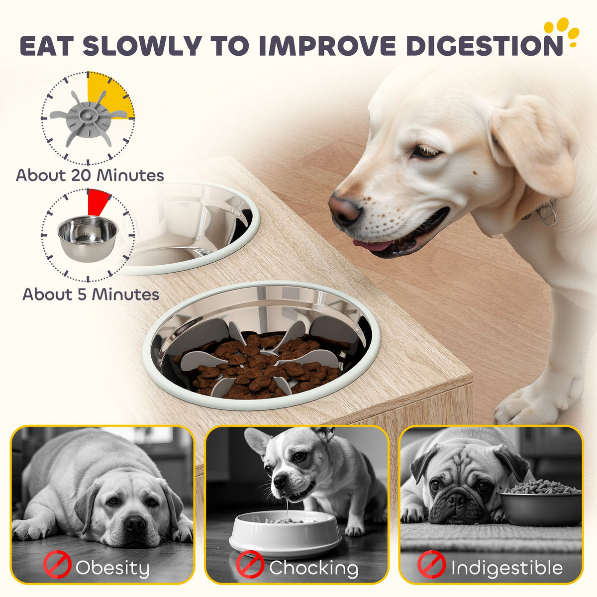 Elevated Dog Bowls with Storage Cabinet, 2 Stainless Steel Bowls, Slow Feeder, Dog Feeding Station for Large Dogs, Oak