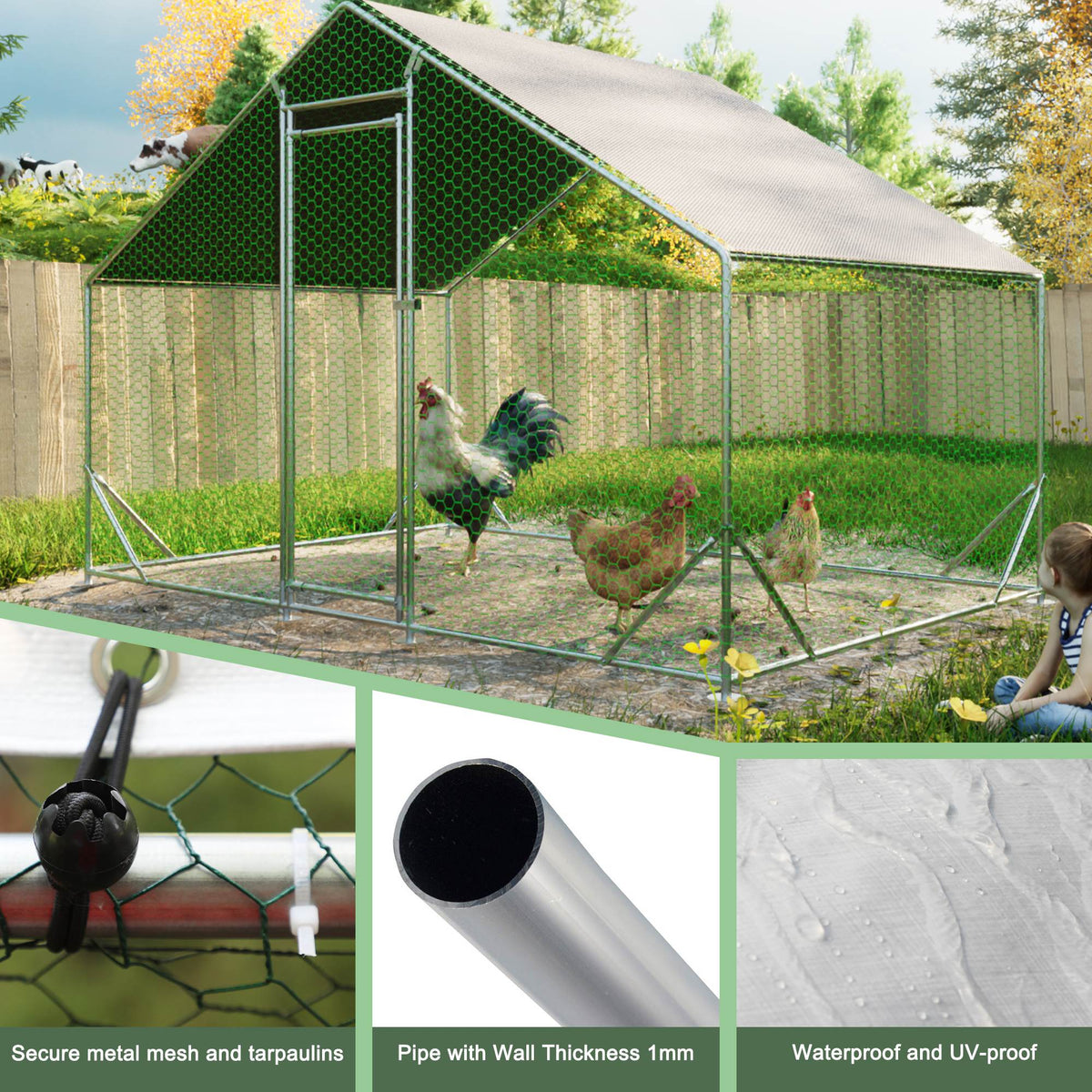 Large Metal Chicken Coop, Walk-in Chicken Run, Galvanized Wire Poultry Chicken Hen Pen Cage, Rabbits Duck Cages With Waterproof And Anti-Ultraviolet Cover For Outside