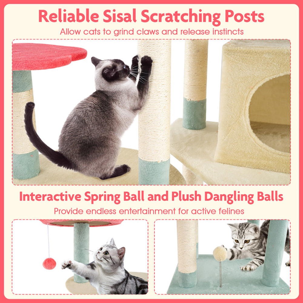 61 Inch Multi-Level Aesthetic Floral Kitten Tower With Flower-Shaped Padded Perch