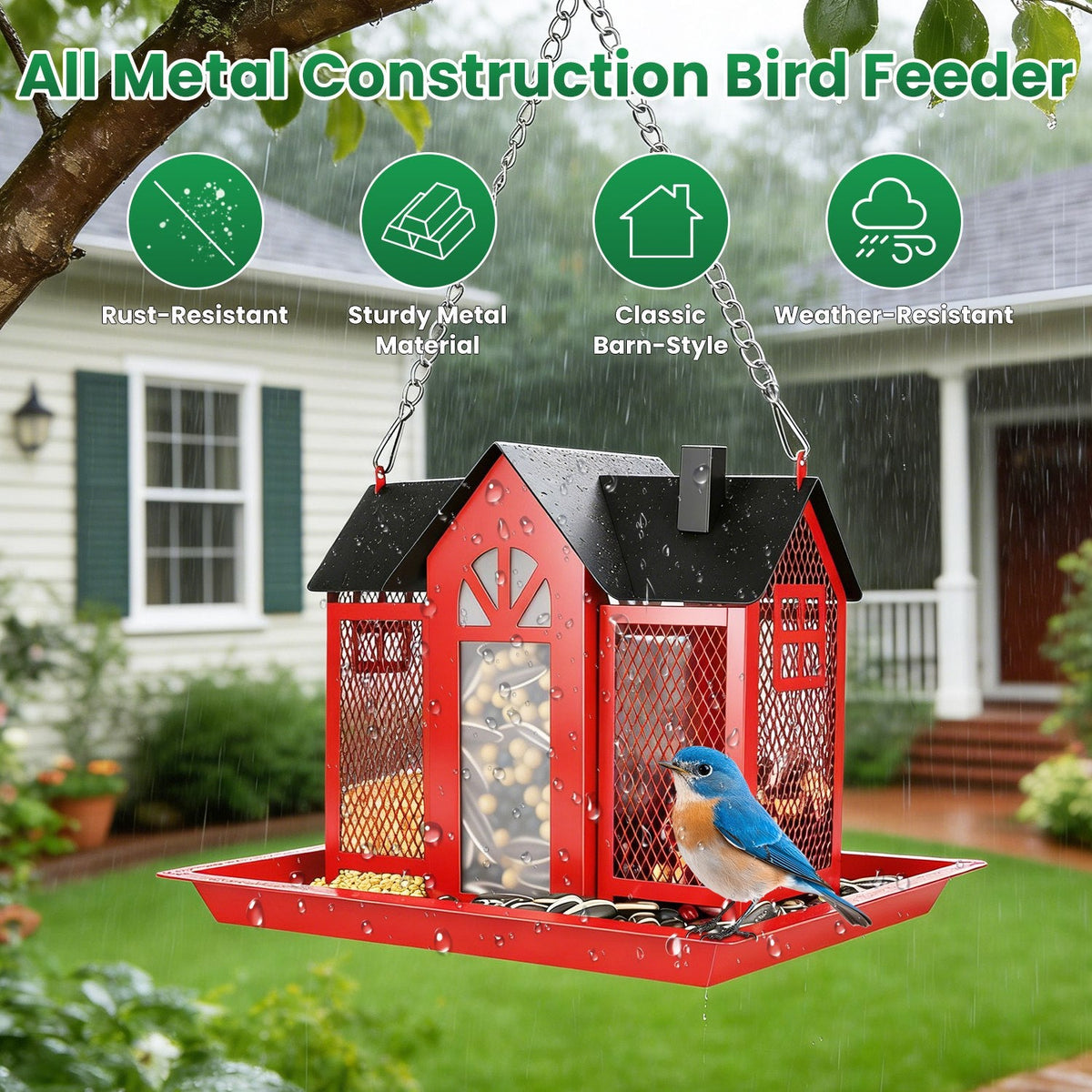 1Pc Metal Hanging Bird Feeder House Classic Barn Bird Feeder House Iron Hanging Outdoor Feeder With Visible Window And Lift Top Lid 15.75in Hanging Length Wild Birds Garden Yard