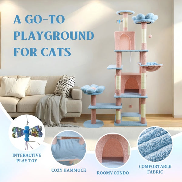 71 Inch Flower Cat Tree With Large Condo Removable Flower Cushion And Hammock Blue