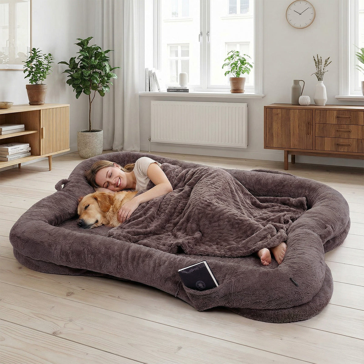 Human Dog Bed Washable Large Size Non Slip Bottom Comfortable Plush Giant Size Dog Bed With Blanket And Pocket For Home