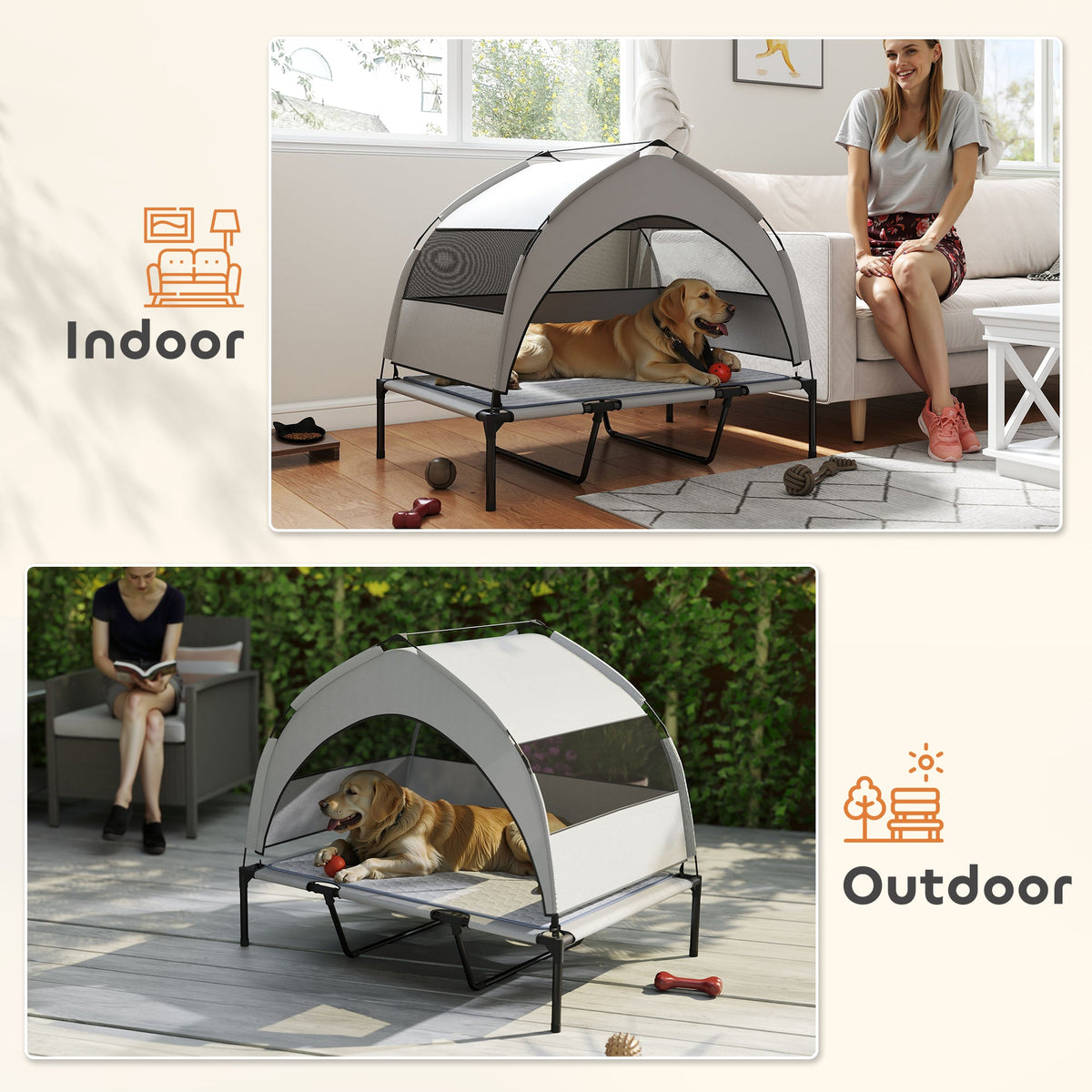 Elevated Dog Bed with Removable Canopy, Portable Outside Raised Pet Cot with Cooling Pad, Storage Bag, 42" x 30" x 37"