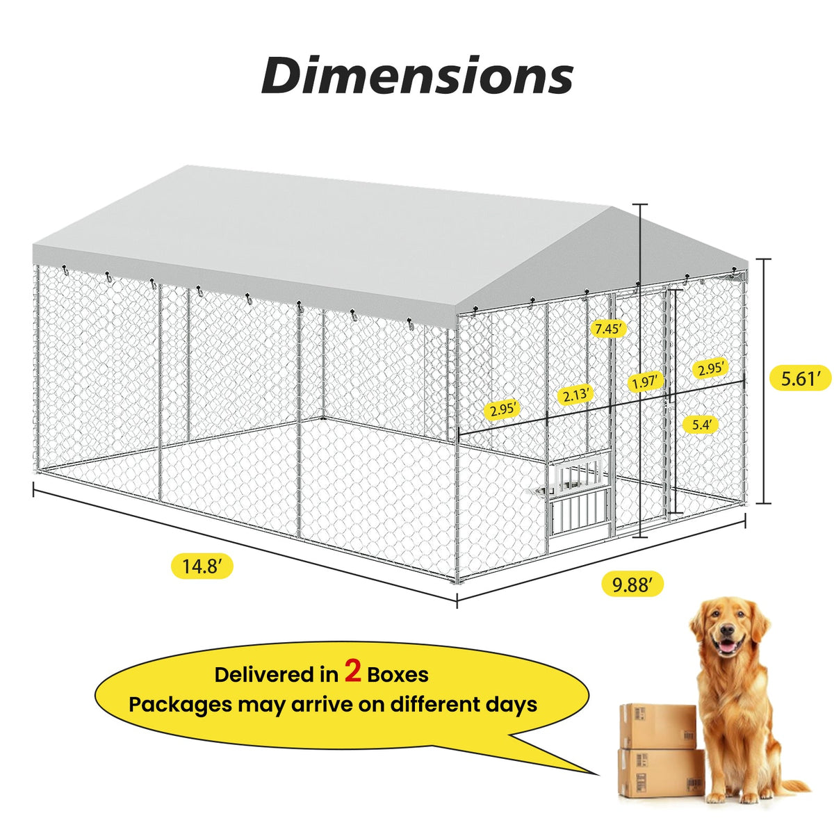 15x10 FT Large Outdoor Dog Kennel with Canopy, Heavy Duty Galvanized Steel Frame, Waterproof Cover, Built-in Elevated Feeding Bowls, Escape-Proof Lockable Pet Playpen for Large Dogs & Multiple Animal