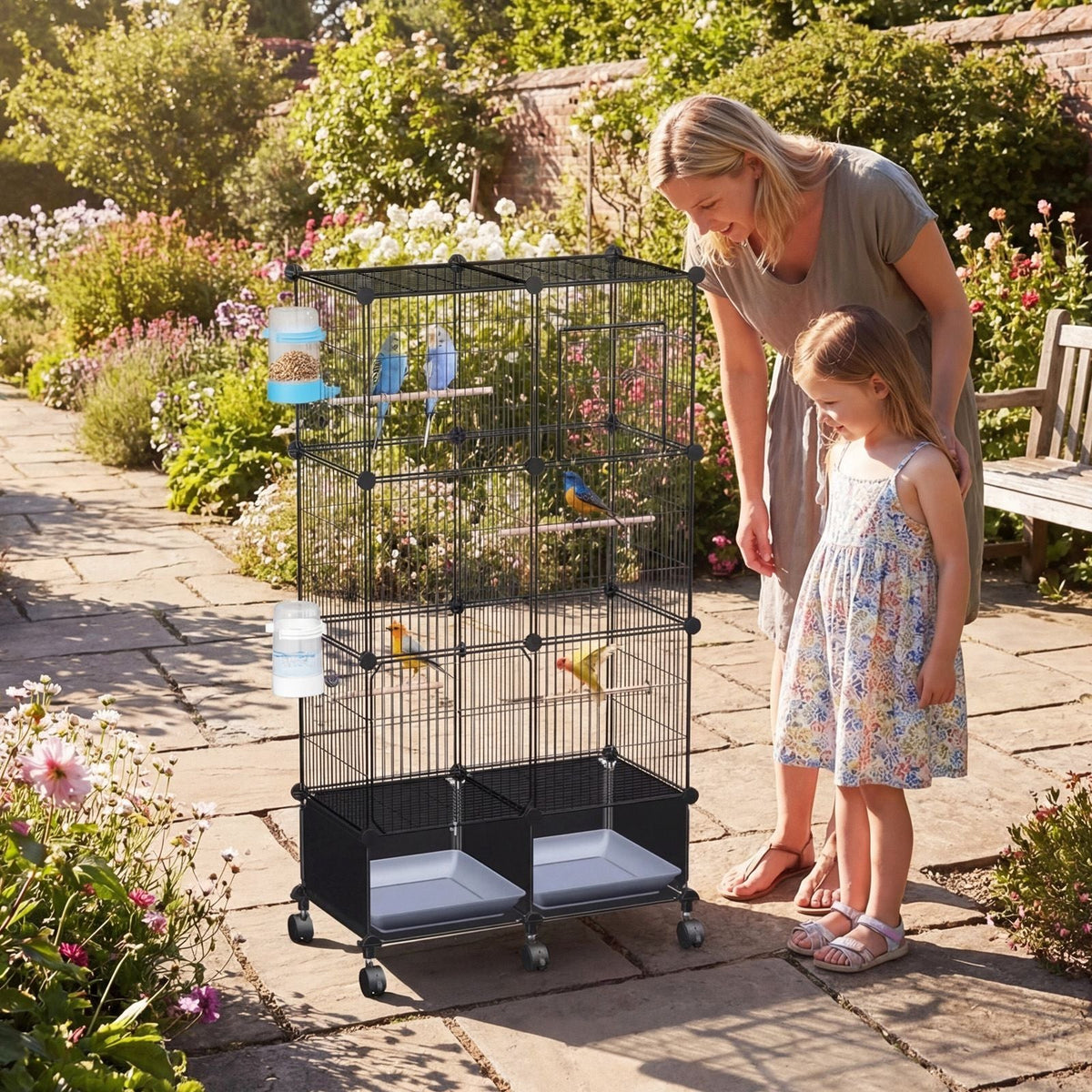 1Pc 46in Bird Cage Spacious Indoor Pet Bird House With 4 Wooden Perches 2 Slide-Out Tray 2 Water Bottle Feeder Lockable Wheels For Parrot Parakeets Cockatiel Lovebird Small Mid-Sized Birds