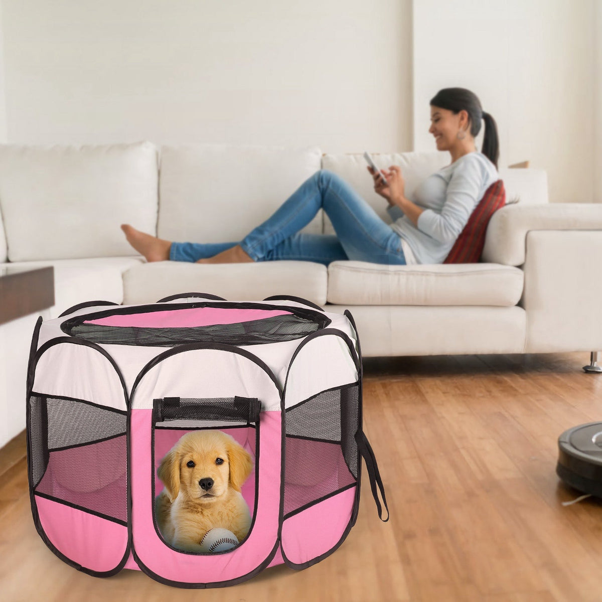 Pink-Blue Options -- 1Pc Portable Foldable Pet Tent Exercise Pen Kennel Removable Zipper Top And Bottom Water Resistant Indoor Outdoor Use For Dogs Cats Other Pets