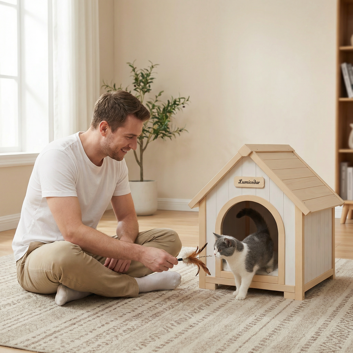 Modern Indoor Wooden Dog House with EVA Cushion – Solid Cedar Pet House for Small Dogs & Cats
