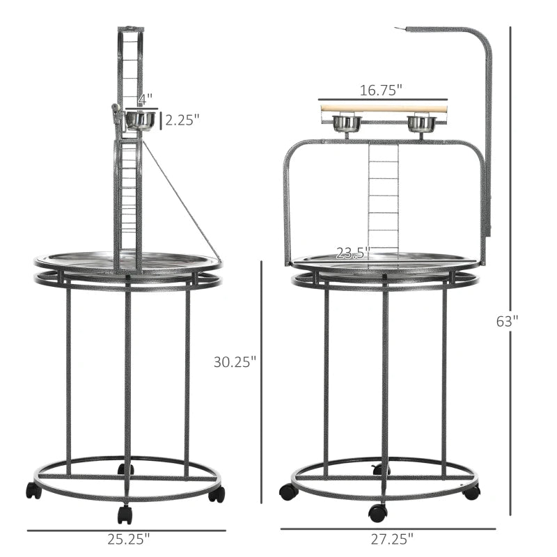 PawHut Parrot Stand Large Bird Perch Stand With Toy Hook 3 Ladders, Parrot Perch, Bird Wooden Stand, Gray