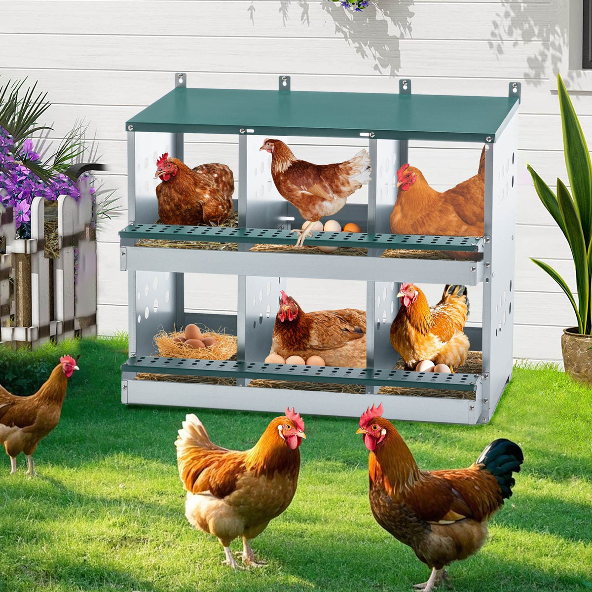6 Compartments Chicken Nesting Box For Laying Eggs, Roll Away Chicken Laying Boxes, Green