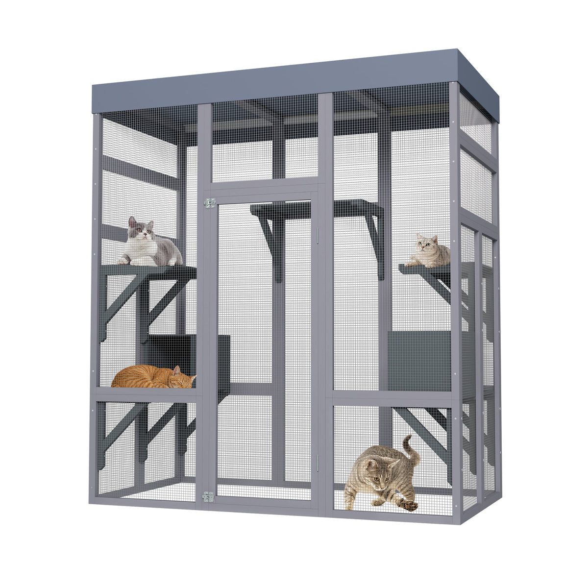 62.6" Wooden Outdoor Catio for Cats, Large Cat Enclosure with Waterproof Roof, 2 Napping House, Platforms & Galvanized Wire – Pet Cage for Backyard or Patio