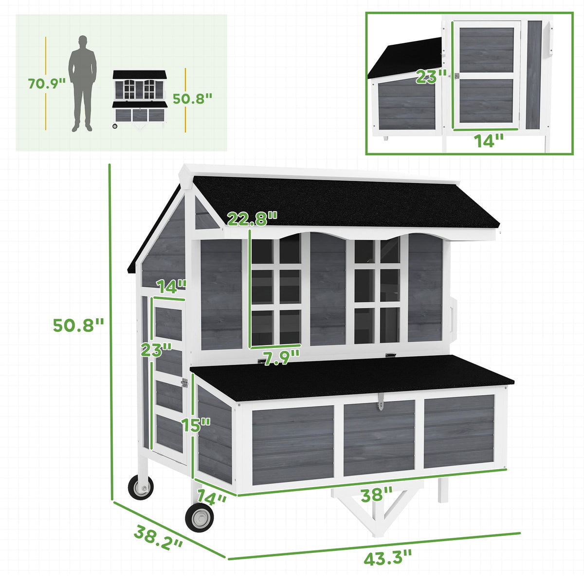 43" Chicken Coop with Wheels, Chicken Tractor with Nesting Box, Windows, Pull-out Tray, Perches, for 2-4 Hens, Gray