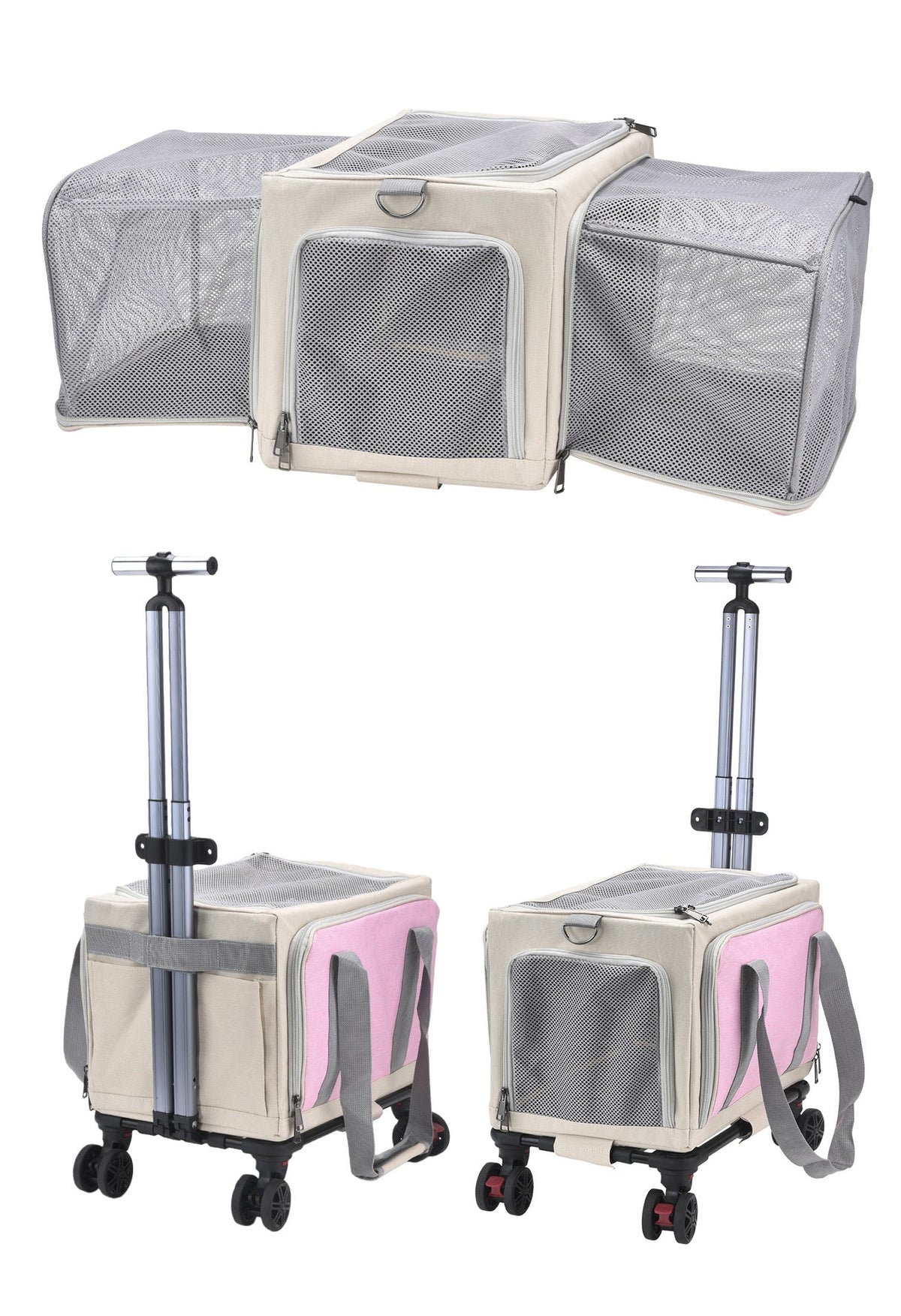 3-Sided Expandable Rolling Pet Carrier With Wheels, Small Cat Dog Travel Carrier, Foldable Portable Bag Grey For Travel Camping Vet Outdoor Indoor Use
