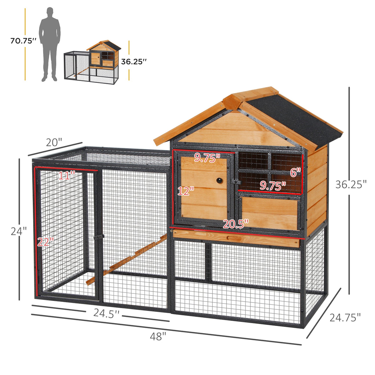 2-Level Rabbit Hutch Bunny Cage, Elevated Pet House With Weatherproof Hinged Asphalt Roof, Removable Tray & Ramp For Outdoor, Natural
