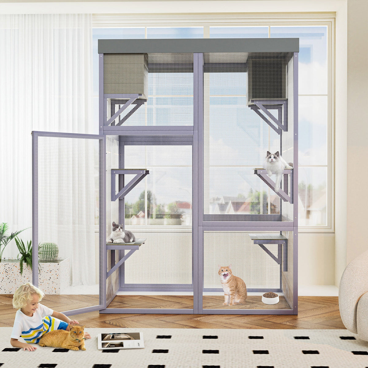 Outdoor Wooden Catio Multi-functional Cat Enclosure, 4 Platforms & 2 Napping Houses, 2 Strong Locks, Rounded Corner, Stepped design,Galvanized Wire