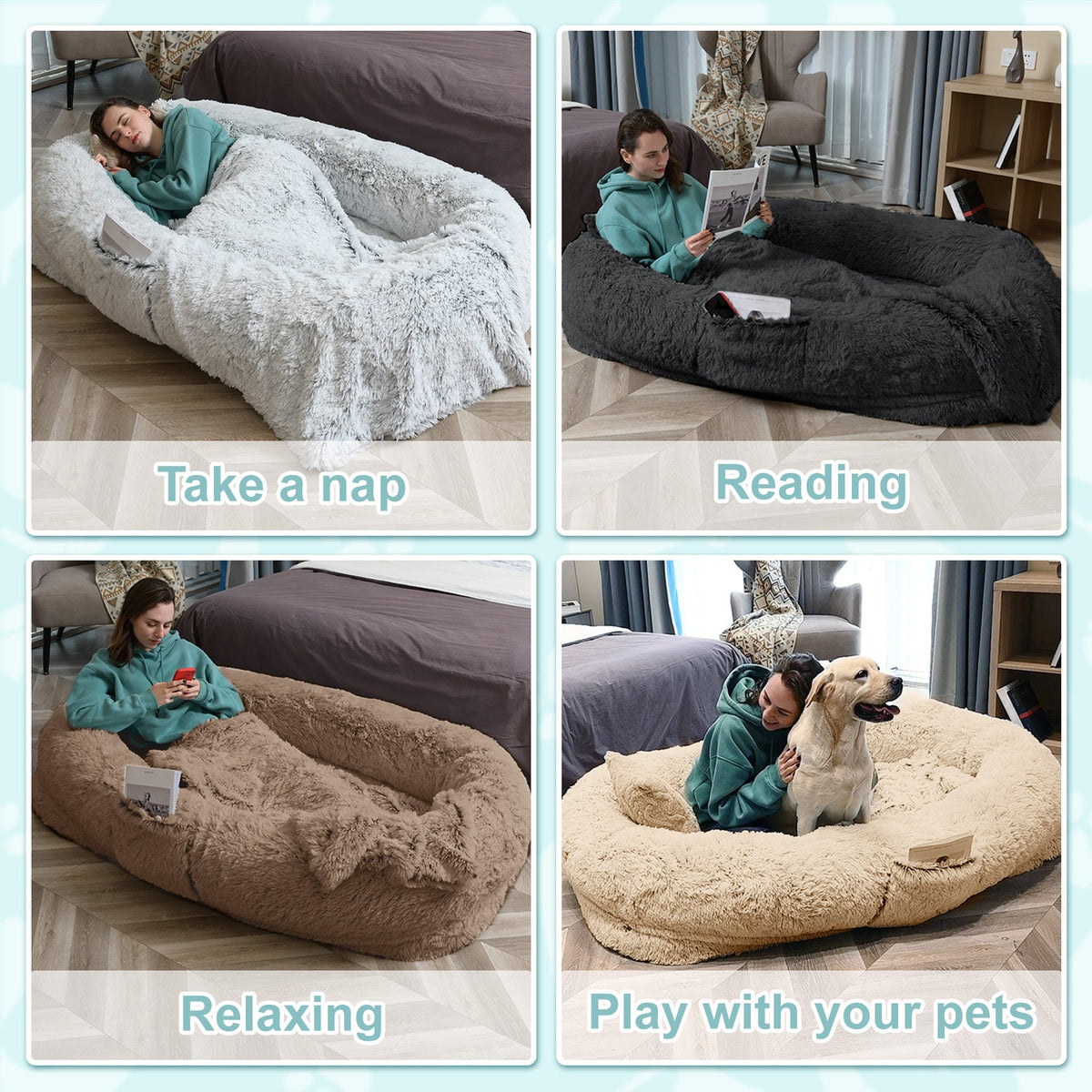 Human Dog Bed - 63 In X 31.4 In X 9.5 In Washable Faux Fur Lounger For Adults & Pets, Cushion With Orthopedic Support, Includes Pillow & Blanket