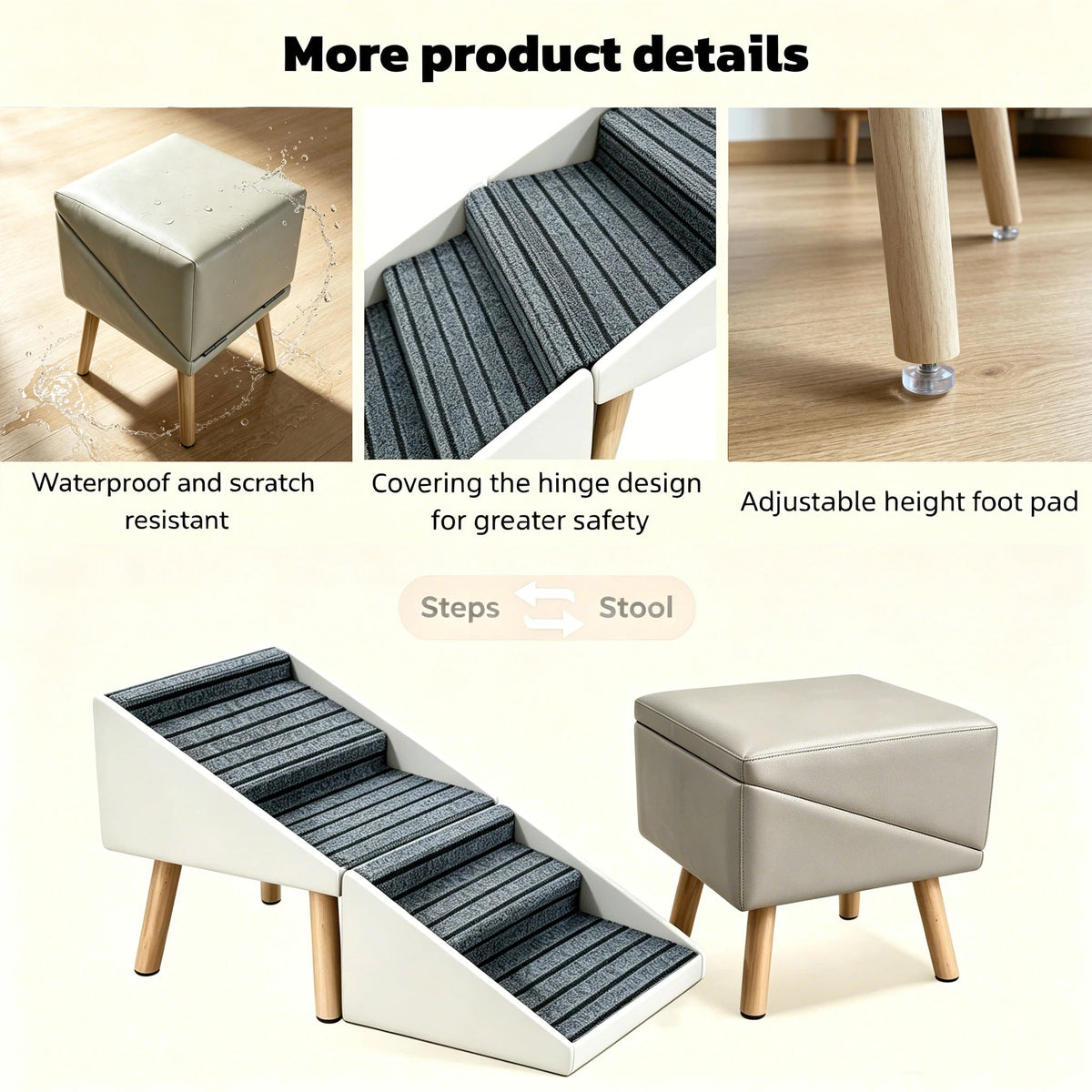 2-in-1 Dog Stairs for Bed and Couch 18.89" Foldable Dog Ramp for Couch 4 Pet Steps & Ottoman for Small Dogs, Beige