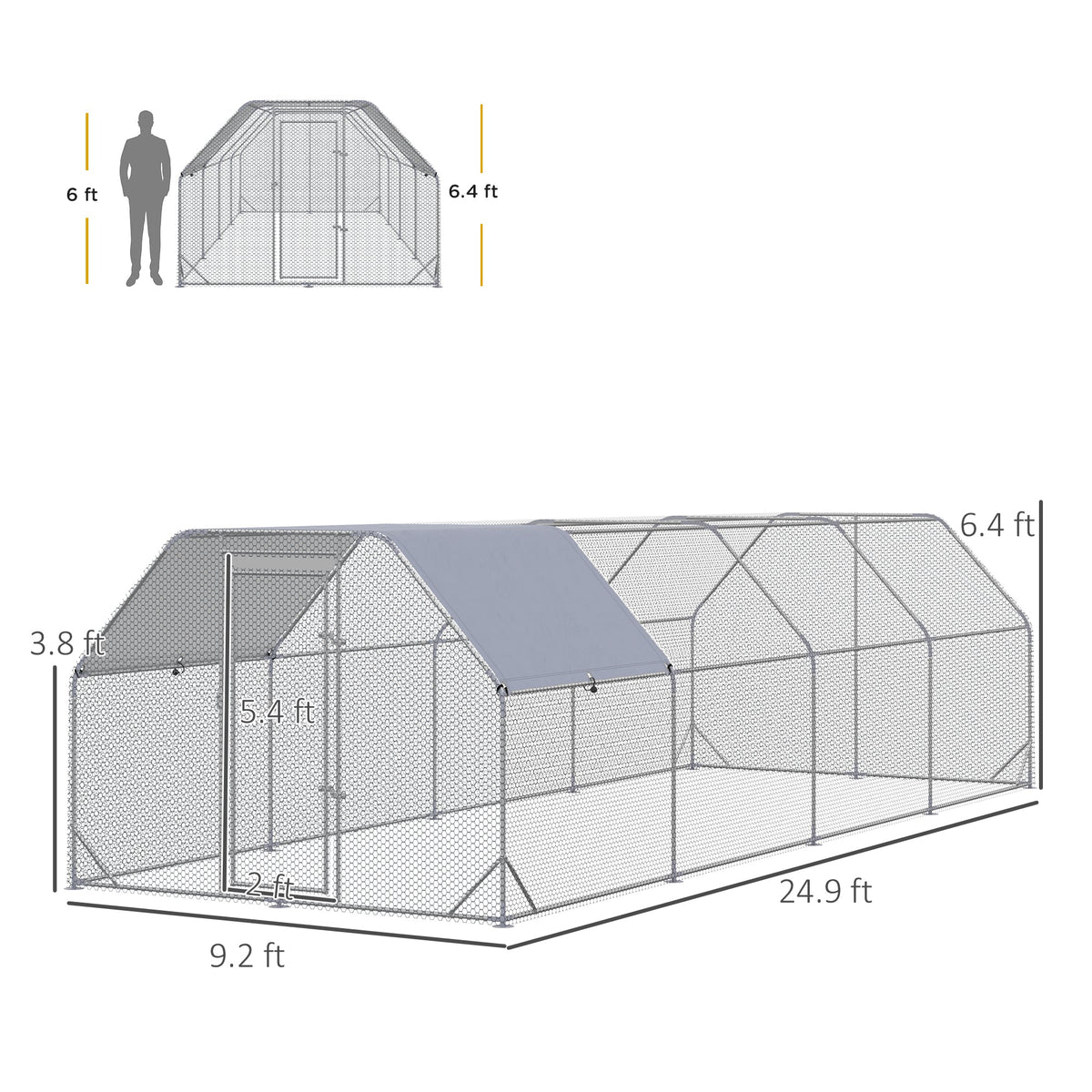 Large Chicken Coop Metal Chicken Run with Waterproof and Anti-UV Cover, Flat Shaped Walk in Fence Cage Hen House for Outdoor and Yard Farm Use, 1" Tube Diameter, 9.2 x 24.9 x 6.4