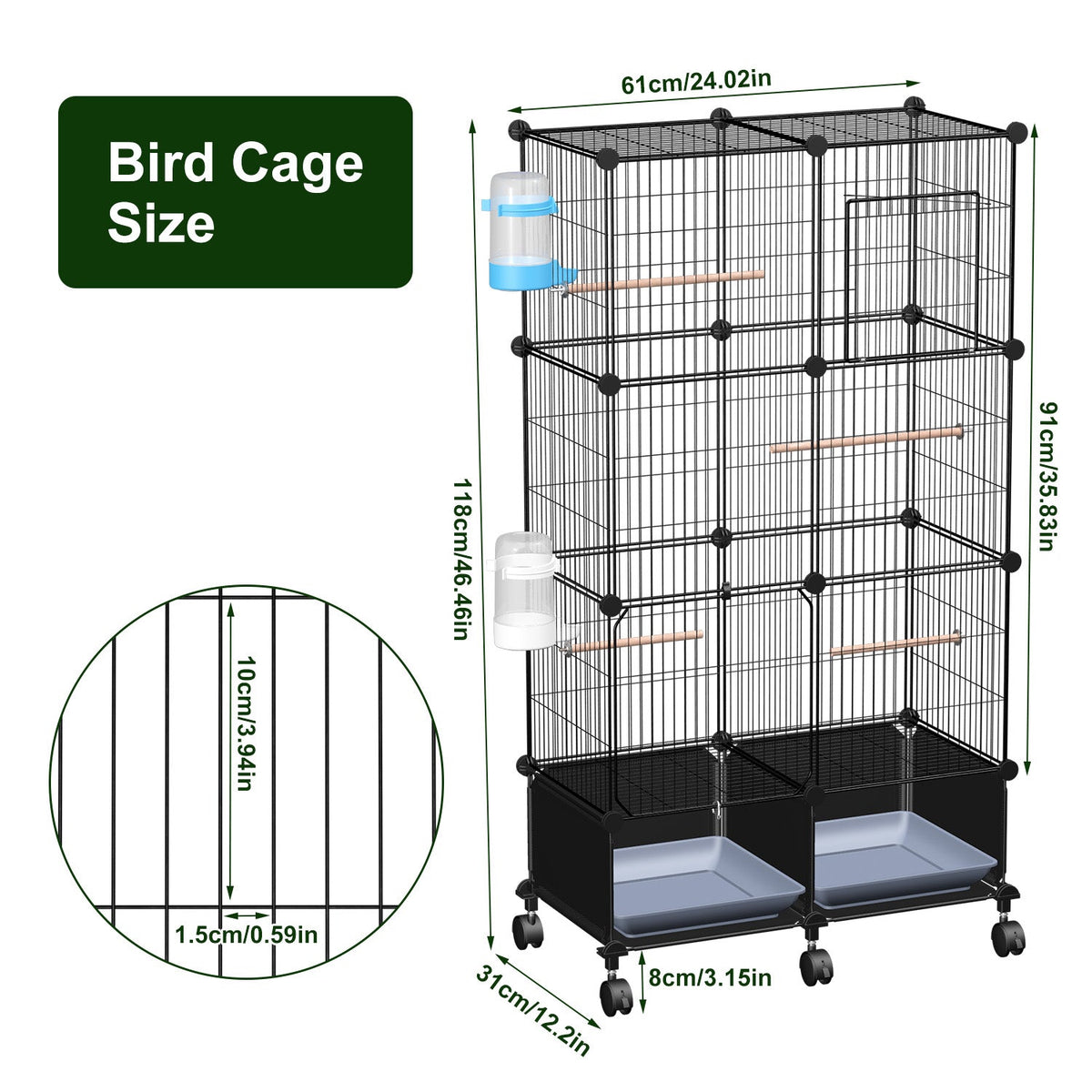 1Pc 46in Bird Cage Spacious Indoor Pet Bird House With 4 Wooden Perches 2 Slide-Out Tray 2 Water Bottle Feeder Lockable Wheels For Parrot Parakeets Cockatiel Lovebird Small Mid-Sized Birds