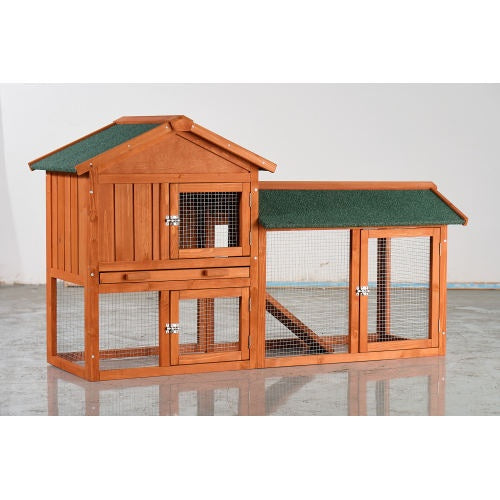 Large Wooden Rabbit Hutch, 2 Story Outdoor Bunny Cage With Waterproof Asphalt Roof, Pull-Out Tray Ramp, Fir Wood Pet House For Rabbits, Chickens, Guinea Pigs Brown Green