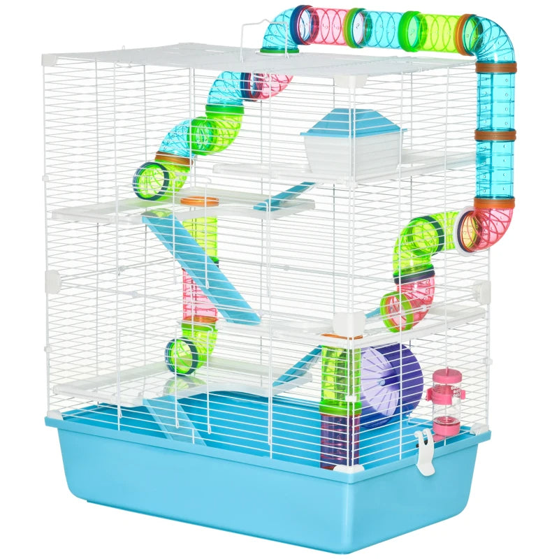 Hamster Cage With Tubes And Tunnels, Portable Carry Handles, Rat House And Habitats Big 5-Tier Design, Mouse Cage Includes Exercise Wheel, Water Bottle, Food Dish, Light Blue