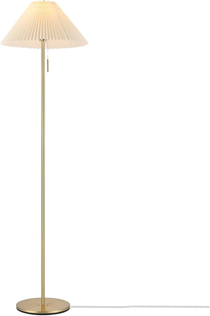GLOBE Electric 61000176 62" Floor Lamp, Brass Finish, Metal, Pleated Fabric Shade, Flat Base, Pull Chain Switch on Socket, Reading Light, Office Accessories, House Decor