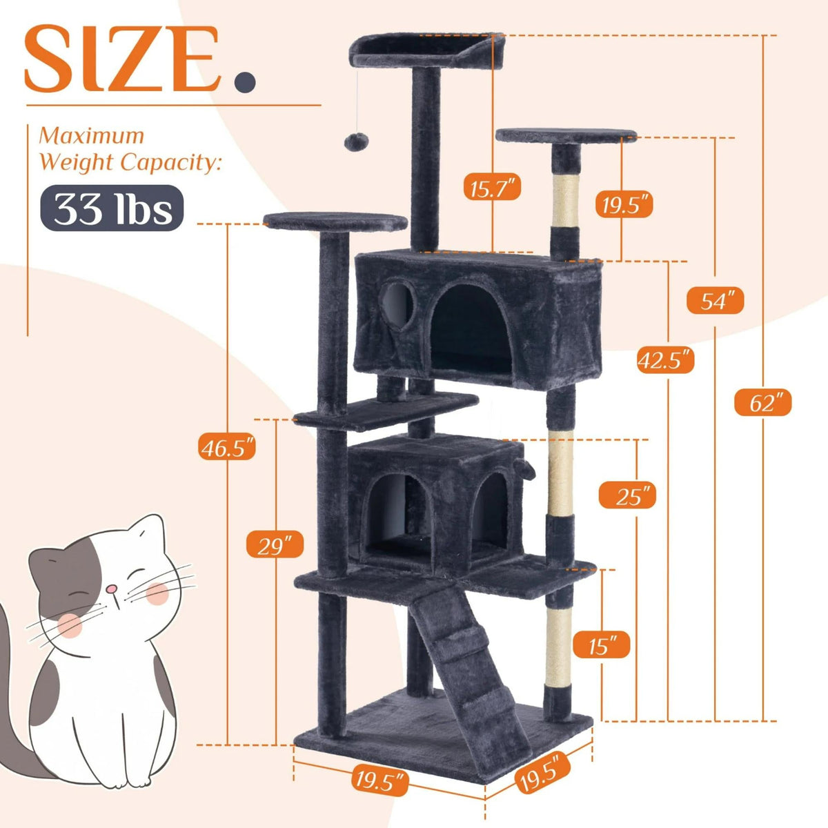 Large Cat Tree Tower, 62-70-80 Cat Tree Large Cats, Multi Level With Scratching Post, Cozy Cat Jumping Platform Space, Grey