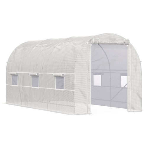 Outsunny 15 X 7 X 7 Walk-In Tunnel Greenhouse, Large Garden Hot House Kit With 6 Roll-up Windows & Roll Up Door, Steel Frame, White