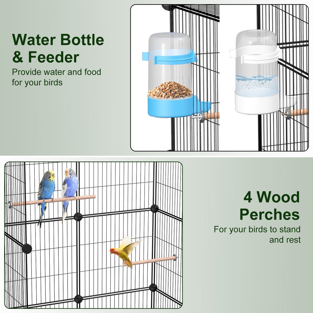 1Pc 46in Bird Cage Spacious Indoor Pet Bird House With 4 Wooden Perches 2 Slide-Out Tray 2 Water Bottle Feeder Lockable Wheels For Parrot Parakeets Cockatiel Lovebird Small Mid-Sized Birds