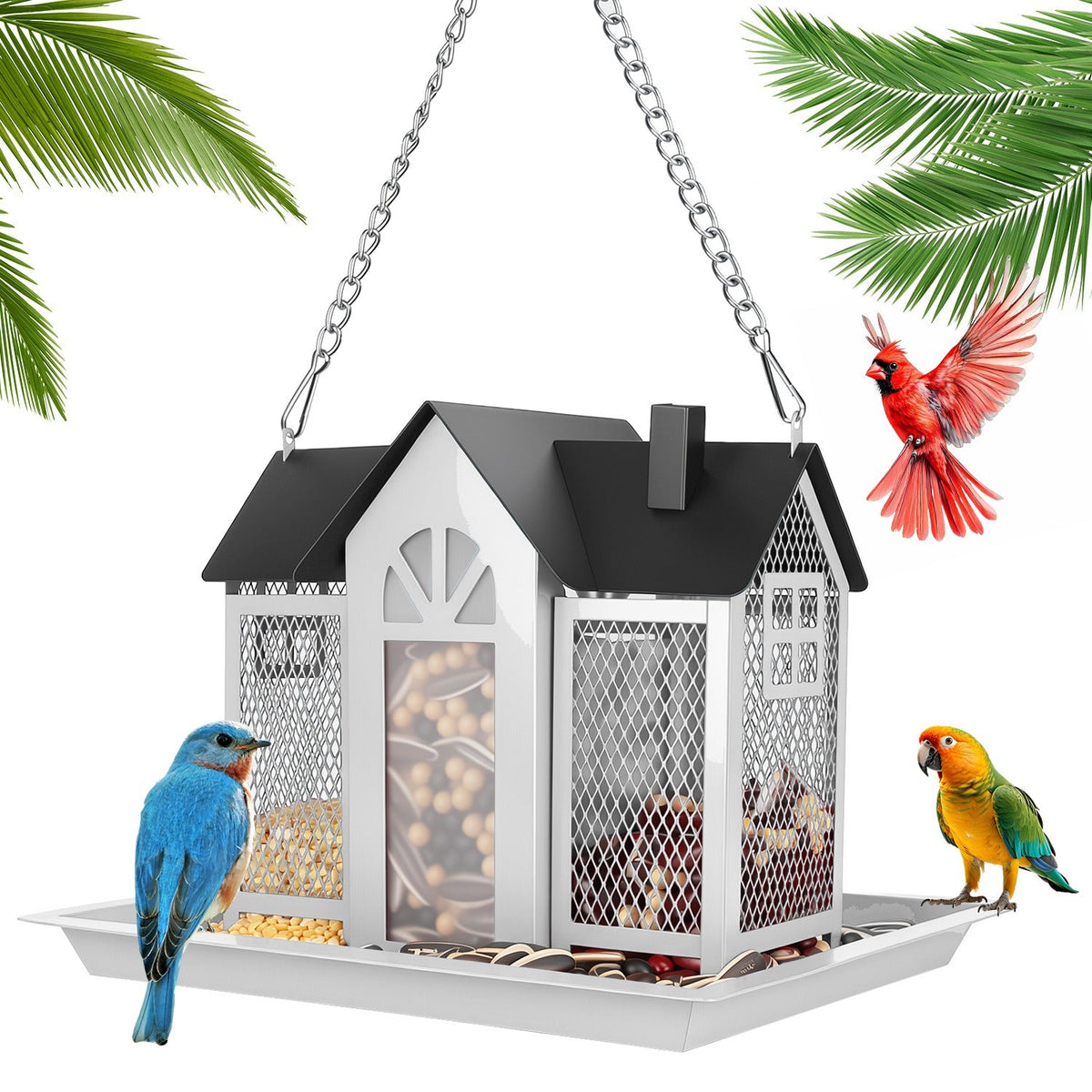 1Pc Metal Hanging Bird Feeder House Classic Barn Bird Feeder House Iron Hanging Outdoor Feeder With Visible Window And Lift Top Lid 15.75in Hanging Length Wild Birds Garden Yard