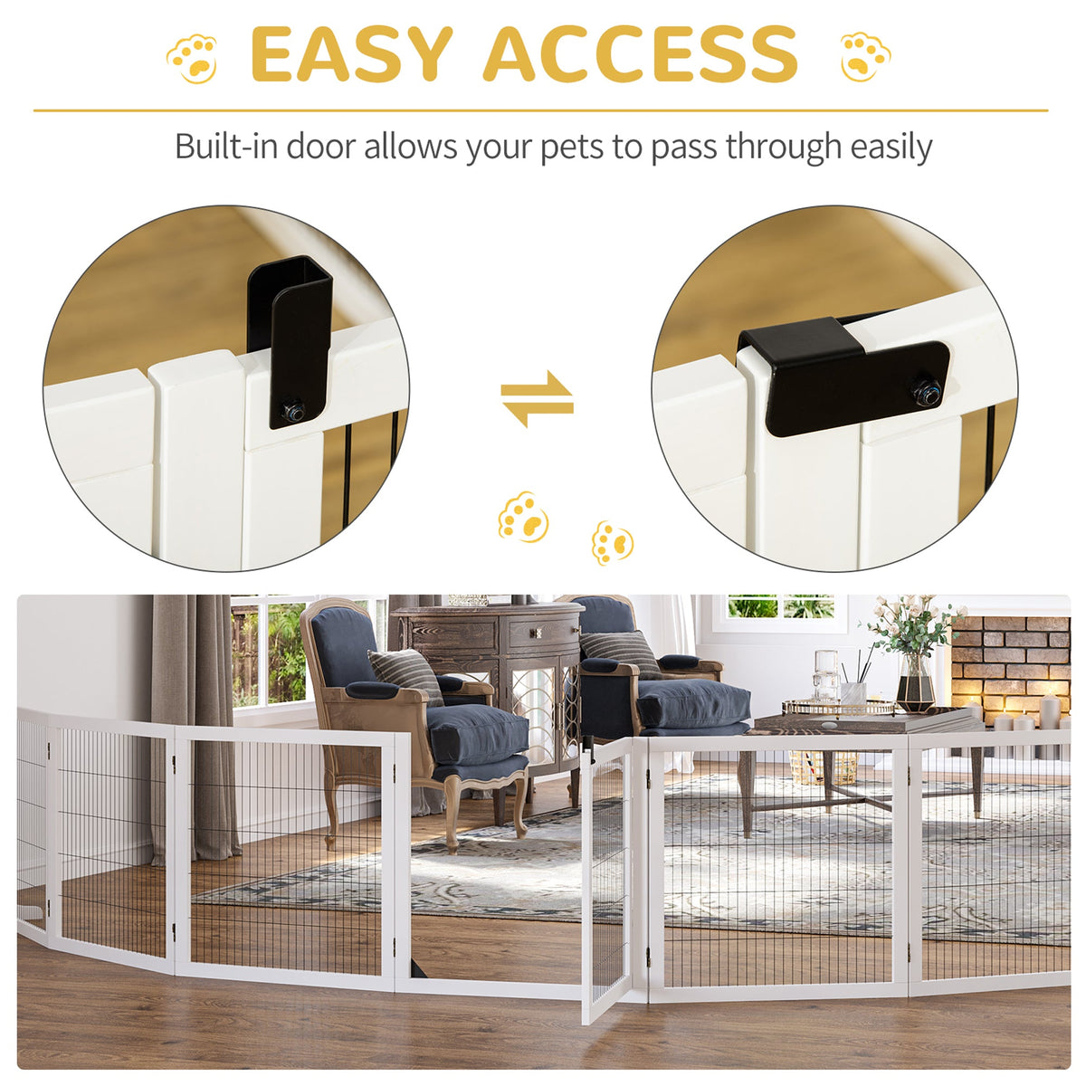 Wooden Pet Gate, 6-Panel Folding Dog Safety Barrier with Support Feet for Small & Medium Dogs, White