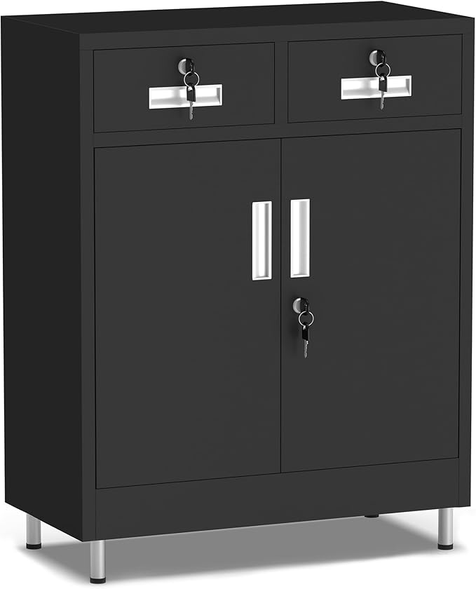 Metal Storage Cabinet with Locking Doors and 2 Drawers, Lockable Storage