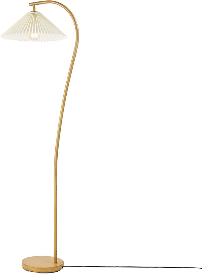GLOBE Electric x Novogratz 61000043 62" Floor Lamp, Wood Toned, White Pleated Shade, Pivot Joint on Shade, On/Off Foot Switch, Black Cord, Modern Lighting for Living Room or Office