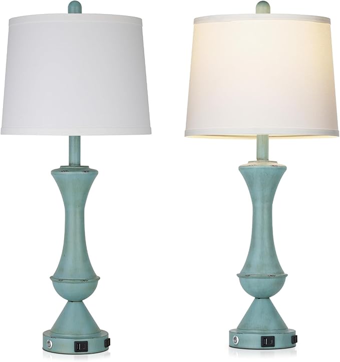 29" Tall Blue Table Lamps Set of 2 for Living Room, Touch Control Bedroom Lamps for Nightstand, 3-Way Dimmable Bedside Lamp with USB A+C Port &AC Outlets(2 LED Bulbs Included)