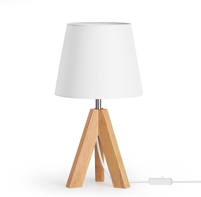 Small Tripod Table Lamp, Modern Nightstand Lamp with Fabric Shade, Boho Bedside Wood Desk Light for Bedroom, Kids Room, Living Room, Office, Study, White, W51TL05