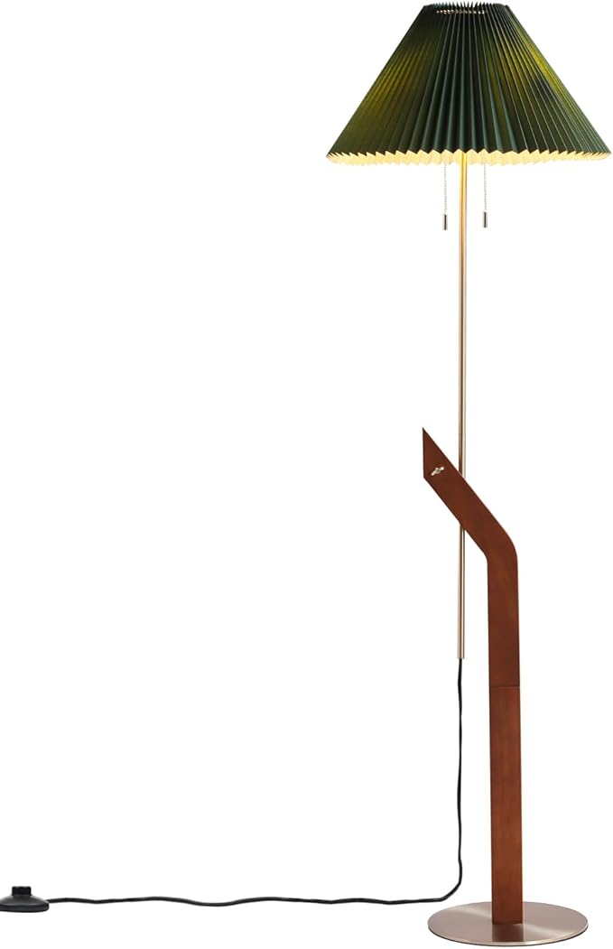 Floor Lamps for Living Room,Mid Century Modern Wood Large Floor Lamp,Height Adjustable Study Room,Bedroom,Office Tall Standing Floor Lamp,Green Pleated Lampshade