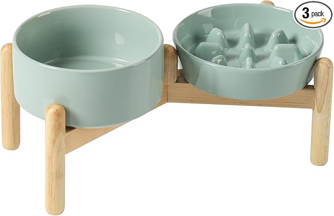 Havniva Elevated Slow Feeder Dog Bowls, Ceramic Dog Bowl Slow Feeder Set | 0.9 Cups Raised Slow Feeder Dog Bowl for Small Breed, 6.1” Dog Water Bowl with Wooden Stand, Puzzle Dog Food Bowl, Non-slip