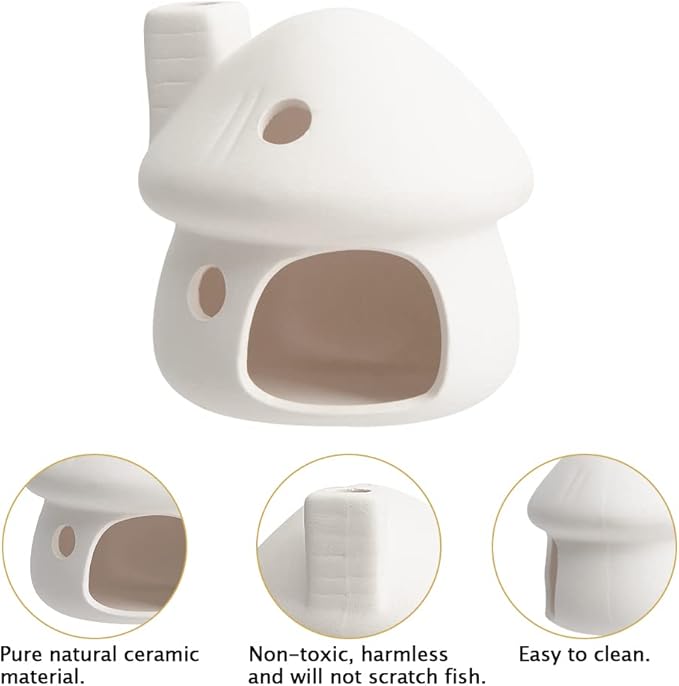 AnRui Natural Fish Tank Decortation Cute Mushroom Ceramic Aquarium Decor Small House Betta Cave Hideout Ornament Accessories for Small Fish, Shrimp, White