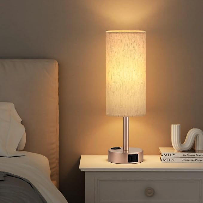 Fenmzee Bedside Table Lamp for Bedroom - 3 Way Dimmable Touch Lamp USB C Charging Ports and AC Outlet, Small Lamp Gold Base Round Flaxen Fabric Shade for Living Room, Desk, LED Bulb Included