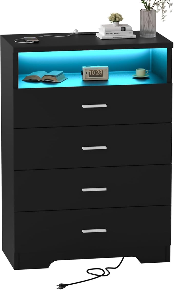 Dresser with Power Outlets and LED Lights Wooden 4 Drawer Dresser with Large