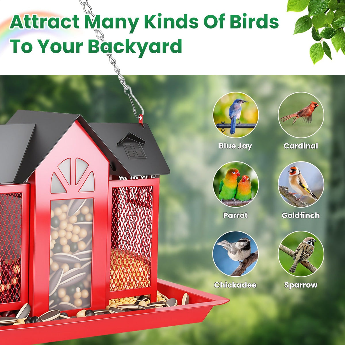 1Pc Metal Hanging Bird Feeder House Classic Barn Bird Feeder House Iron Hanging Outdoor Feeder With Visible Window And Lift Top Lid 15.75in Hanging Length Wild Birds Garden Yard