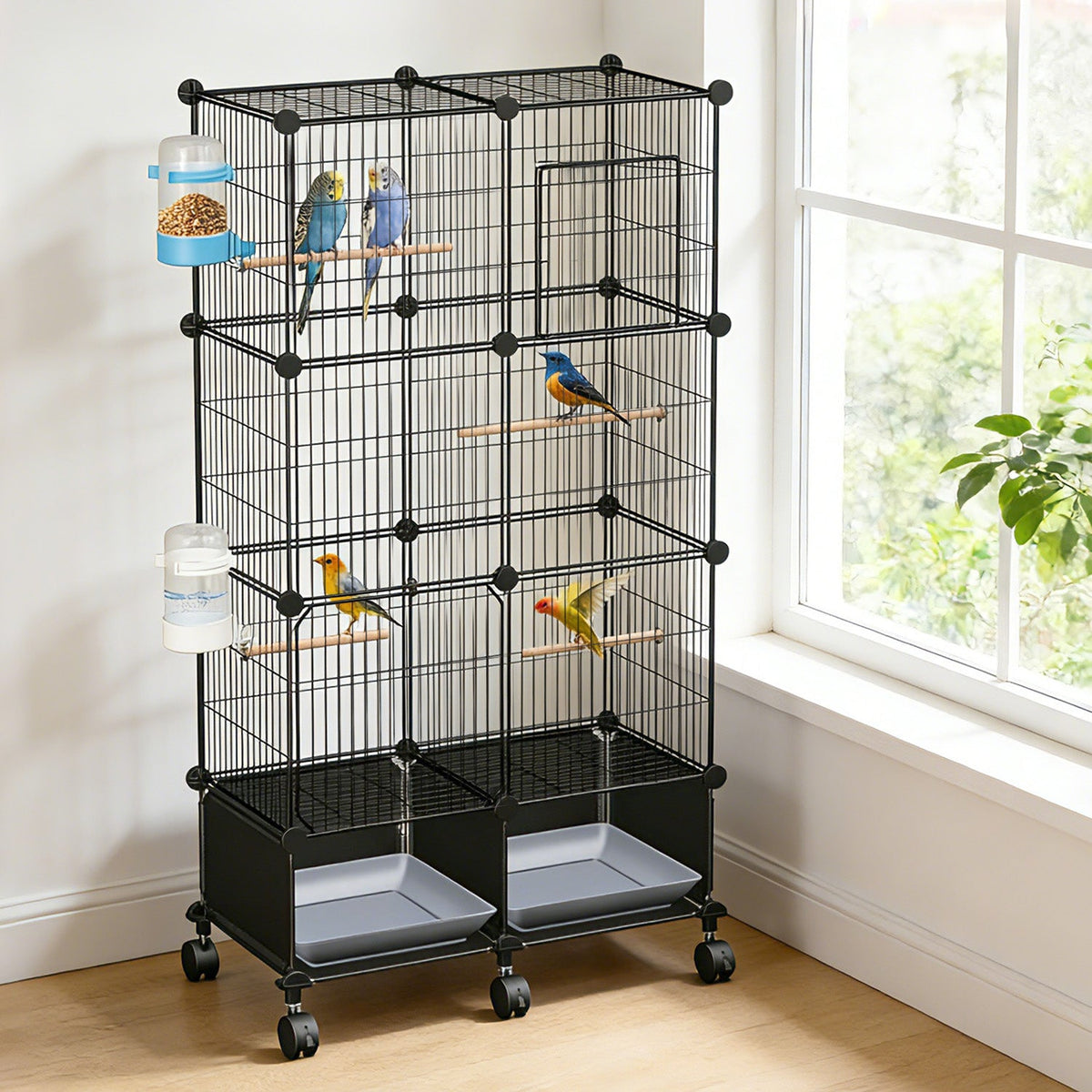 1Pc 46in Bird Cage Spacious Indoor Pet Bird House With 4 Wooden Perches 2 Slide-Out Tray 2 Water Bottle Feeder Lockable Wheels For Parrot Parakeets Cockatiel Lovebird Small Mid-Sized Birds