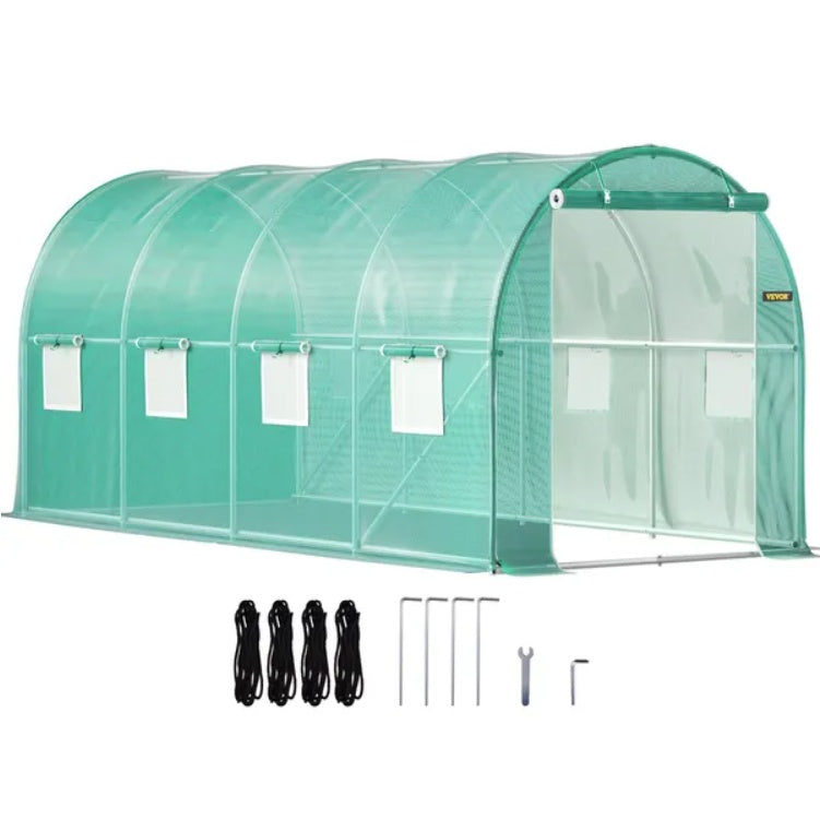 VEVOR Walk-in Tunnel Greenhouse, 14.8 X 6.6 X 6.6 Ft Portable Plant Hot House W Galvanized Steel Hoops, 1 Top Beam, Diagonal Poles, Zippered Door 8 Roll-up Windows, Green