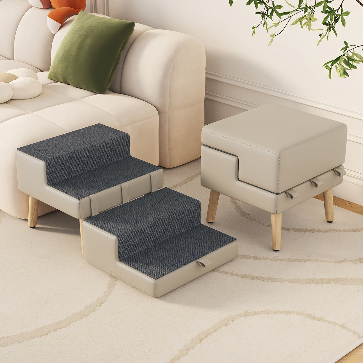 4-Step Ottoman Dog Stairs, 2-in-1 Foldable Pet Ramp for Bed, Dog Ramp for Small Puppy and Cats, Sturdy Wood Frame Support with Non-slip walking surface, Holds Up To 220lbs ( Light Grey Color )
