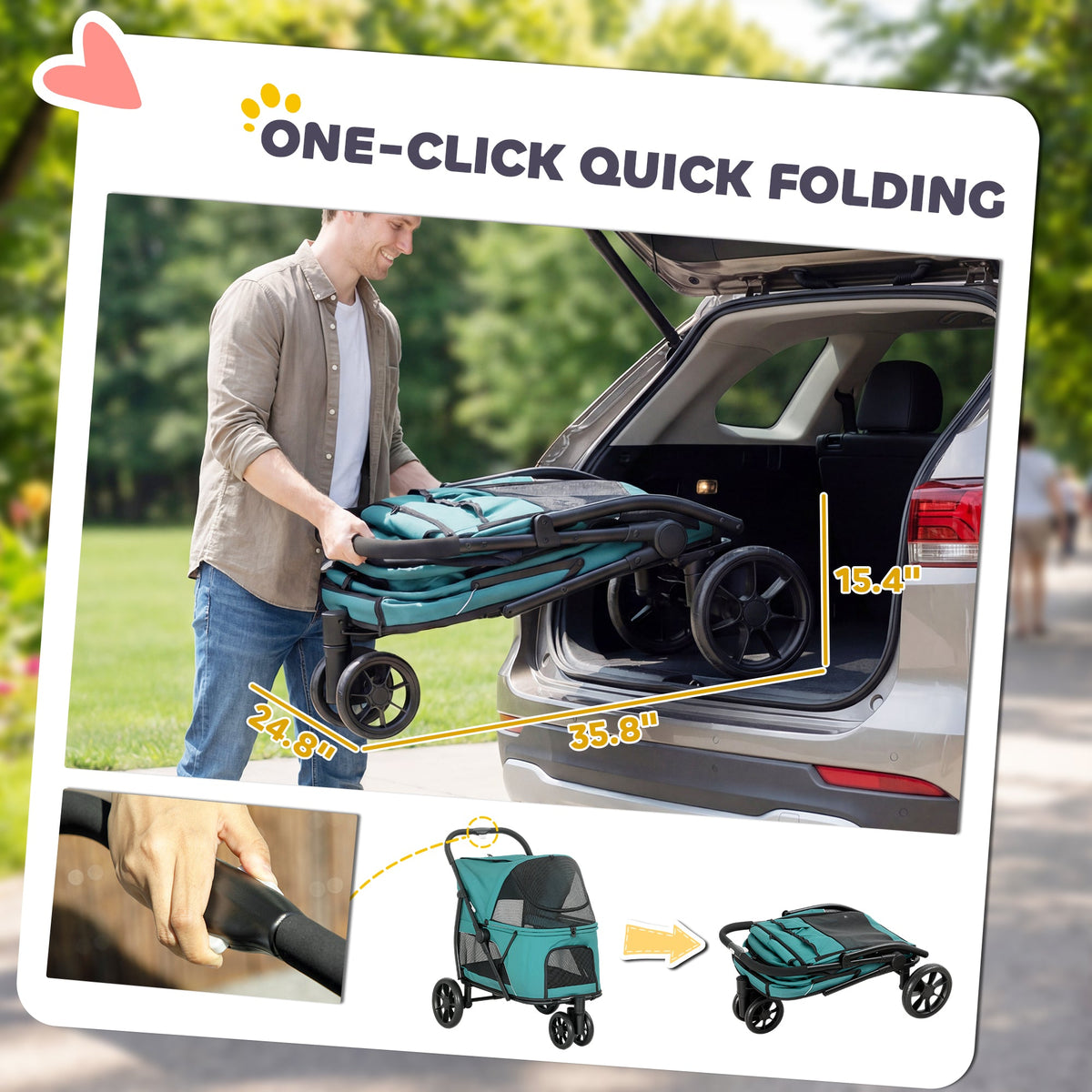 3 Wheel Pet Stroller with Easy One-Click Quick Fold, Mesh Window, Washable Cushion, for Medium Dogs, Dark Green