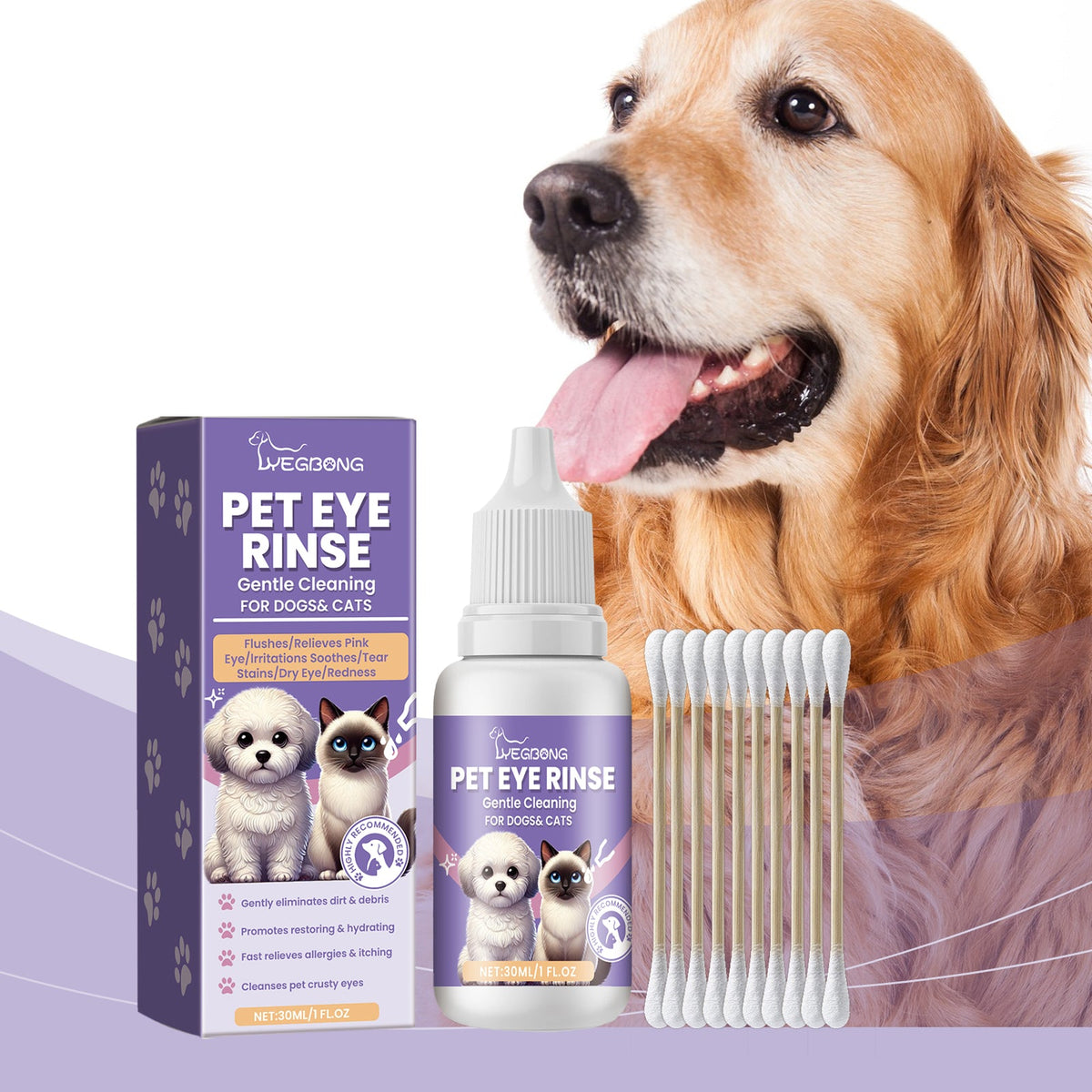 Pet Eye Rinse For Dogs & Cats, Gentle Eye Cleaner Solution With Hyaluronic Acid, Honeysuckle Extract & Taurine, Tear Stain Remover For Daily Eye Care, 30ml With Cotton Swabs