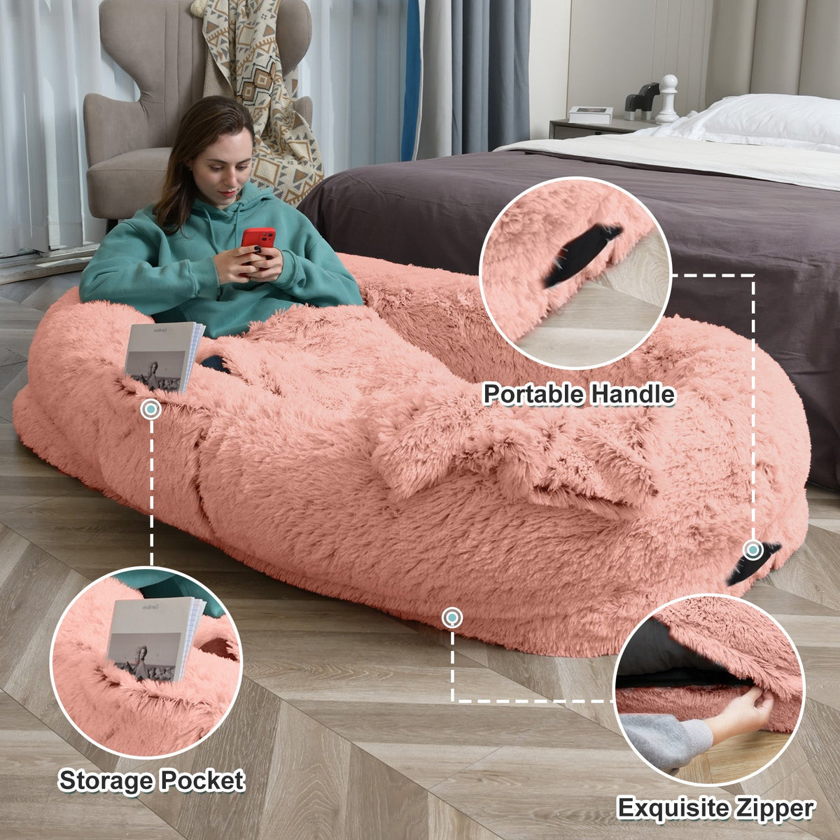 Human Dog Bed - 63 In X 31.4 In X 9.5 In Washable Faux Fur Lounger For Adults & Pets, Cushion With Orthopedic Support, Includes Pillow & Blanket