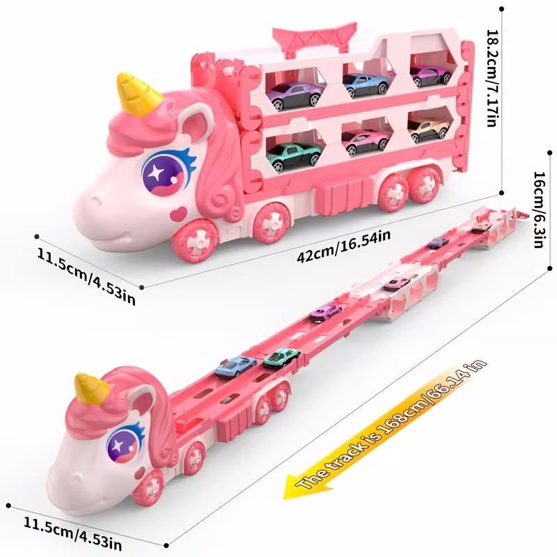 Cute Transforming Truck Toy Expandable Racetrack & Vehicle Storage Set Portable Carrier With Mini Cars Toy For Girls Ages 3 And Up,Pickup Only