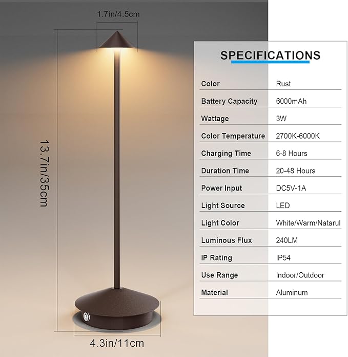 2-Pack 6000mAh Rechargeable Led Table Lamp Cordless,3000K-6000K Stepless Dimming Touch Lamps with Memory Function,IP54 Waterproof Aluminum Table Light for Outdoor/Bars/Restaurant/Patio(Rust)
