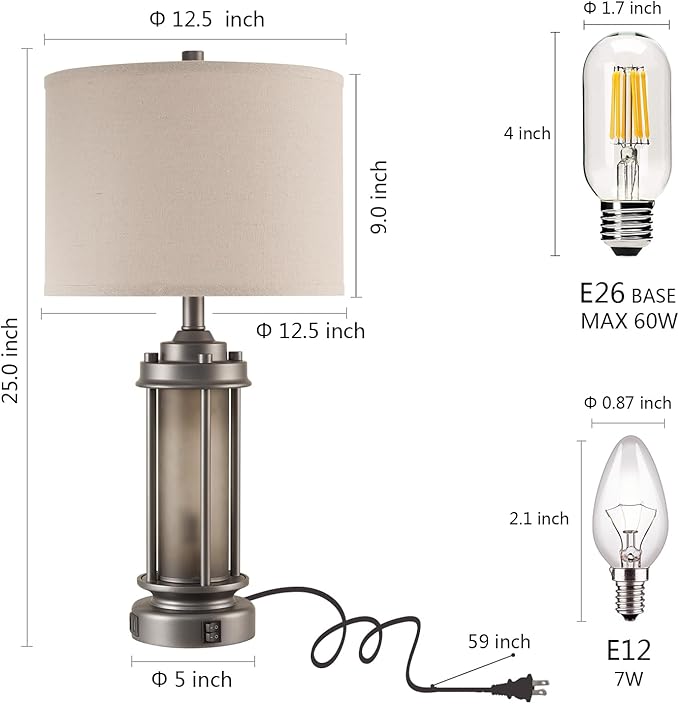 Industrial Metal Table Lamps Set of 2 Living Room Bedroom, 2 USB Ports Bedside Lamp with Glass Nightlight, Modern Desk Lamp for Entryway Office End Table, 4 Bulbs Included